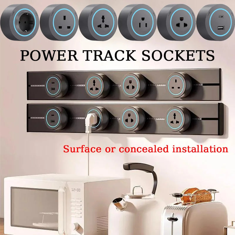 Rail Track Socket UK EU US Standard Round Romovable Adapter Plug Home Kitchen Meeting Wall Mounted Electrical Outlet With Usb