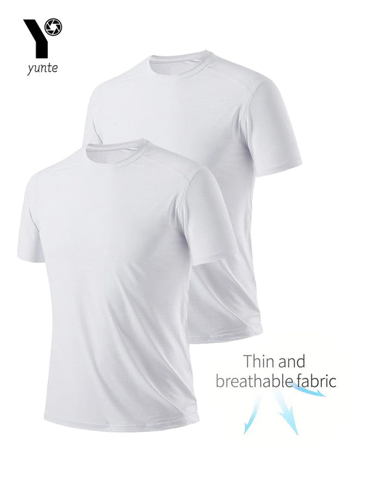 Round Neck T-Shirt 2-Pack White Ultra-Light Men's Quick Drying Breathable Sweat-Absorbent Shirt Suitable for Fitness Gym and Run - Charliehomemaker store