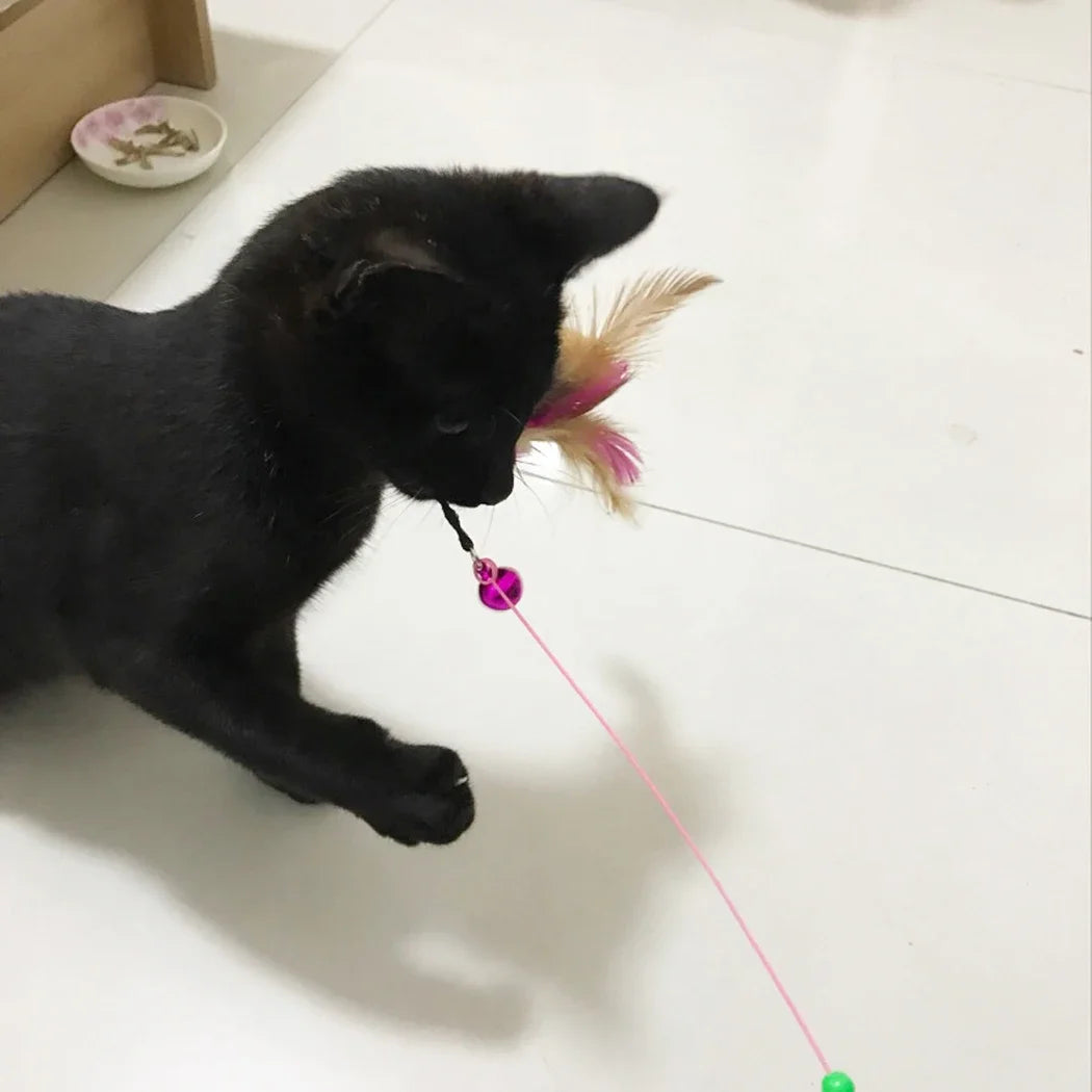 1pc Cat Toy Stick Feather Wand With Bell Mouse Cage Toys Plastic Artificial Colorful Cat Teaser Toy Pet Supplies Random Color - Charliehomemaker store