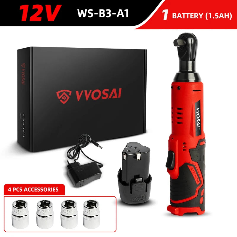 VVOSAI 45NM Cordless Electric Wrench 12V 3/8 Ratchet Wrench set Angle Drill Screwdriver to Removal Screw Nut Car Repair Tool - Charliehomemaker store