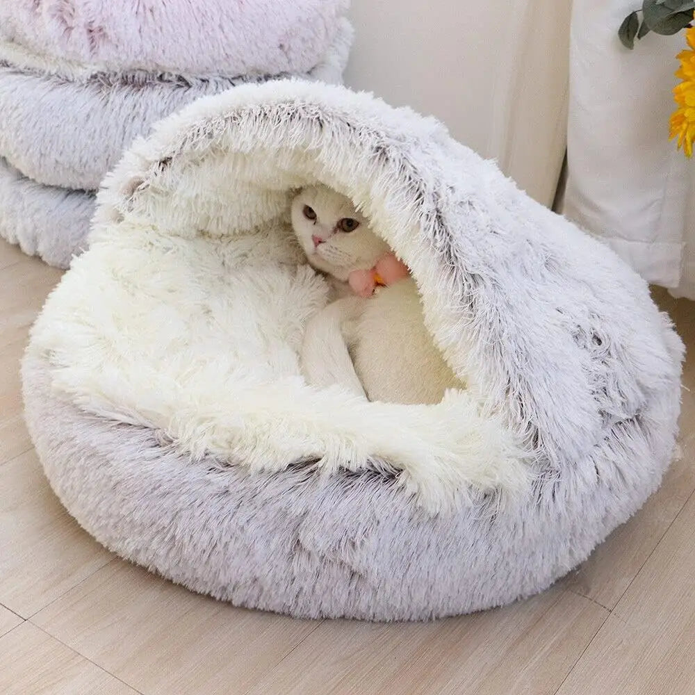 Soft Plush Pet Bed with Cover Round Cat Bed Pet Mattress Warm Cat Dog 2 in 1 Sleeping Nest Cave for Small Dogs - Charliehomemaker store