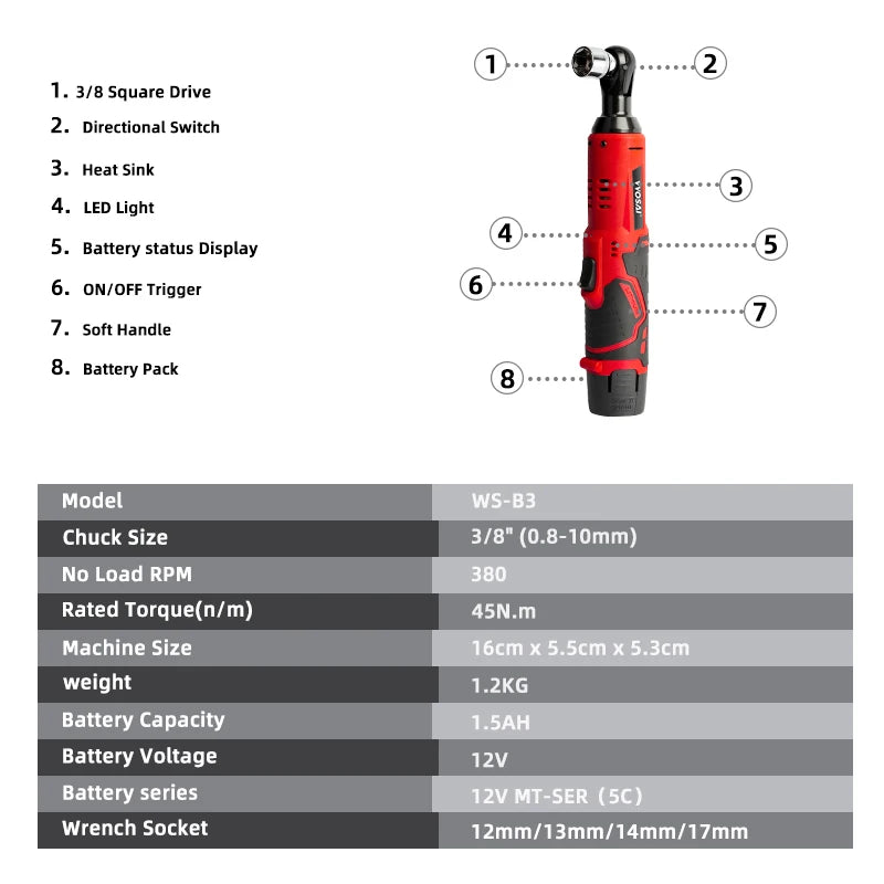 VVOSAI 45NM Cordless Electric Wrench 12V 3/8 Ratchet Wrench set Angle Drill Screwdriver to Removal Screw Nut Car Repair Tool - Charliehomemaker store