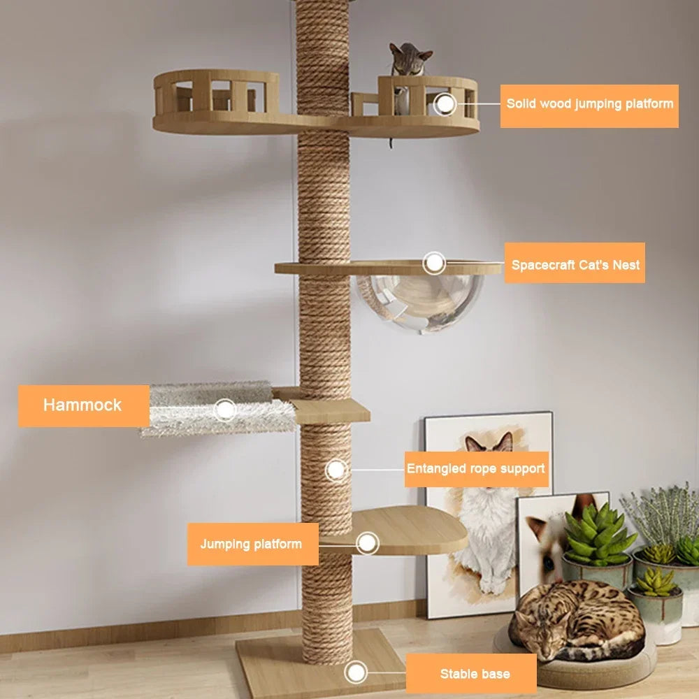 Cats Tree Floor Solid Wooden Cat Tree House Climbing Pets Furniture Adjustable Kitten Trees Tower Multilayer Cat Climbing Frame - Charliehomemaker store