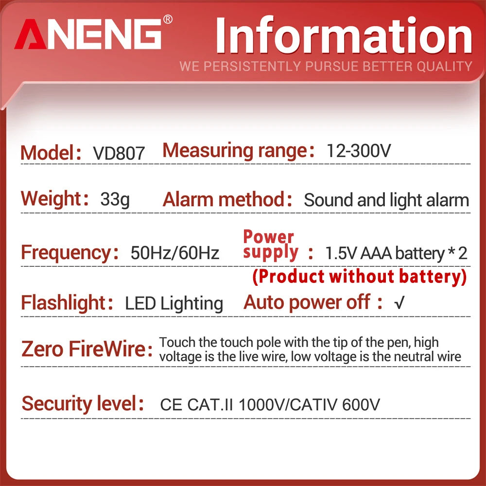 ANENG VD807 One-word Induction Tester Portable 50/60Hz Smart Electric Pen NCV Sensor AC 12-300V Non-contact Wire Detector Tools - Charliehomemaker store