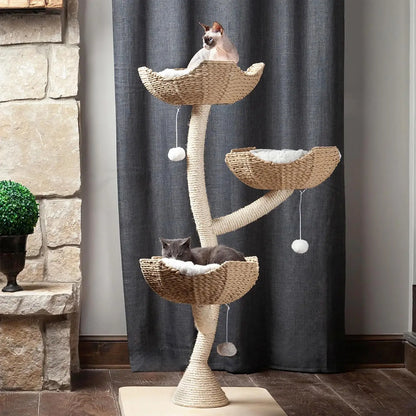 The Sanctuary Cat Tree - Luxury Cat Condo, Large Modern Indoor Tower with 3 Faux Fur Beds, Scratching Posts, and Toys for Cats - Charliehomemaker store