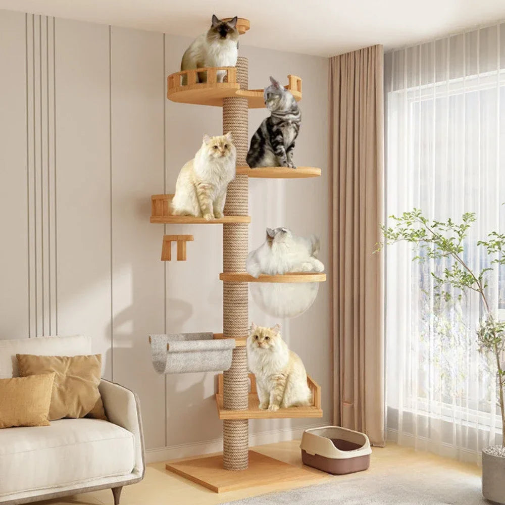 Cats Tree Floor Solid Wooden Cat Tree House Climbing Pets Furniture Adjustable Kitten Trees Tower Multilayer Cat Climbing Frame - Charliehomemaker store